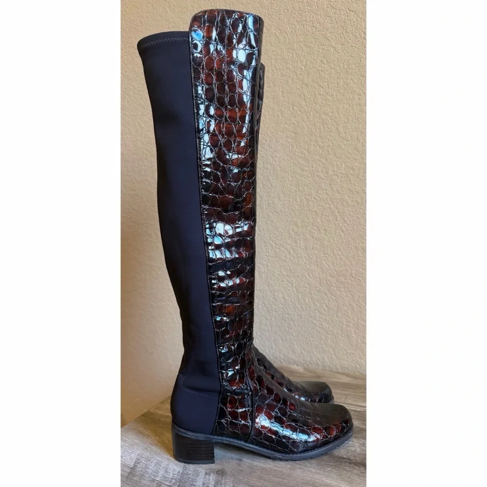 Stuart Weitzman Reserve Over The Knee Boots Croc Embossed Patented Leather